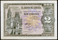 1938. Burgos. 2 pesetas. (Ed. D30a) (Ed. 429a). 30 de abril. Serie H. Esquinas con dobleces. EBC+.