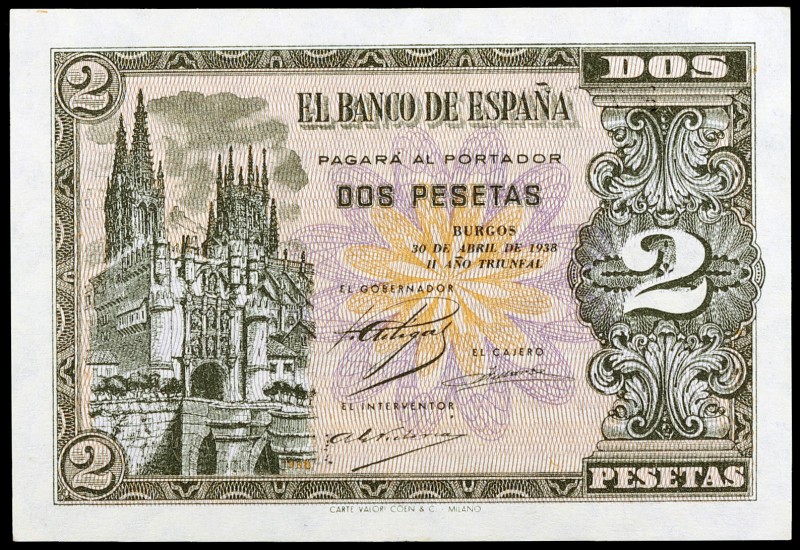 1938. Burgos. 2 pesetas. (Ed. D30a) (Ed. 429a). 30 de abril. Serie H. Esquinas r...