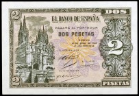 1938. Burgos. 2 pesetas. (Ed. D30a) (Ed. 429a). 30 de abril. Serie H. Esquinas rozadas. S/C-.