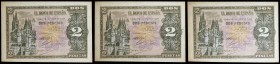 1938. Burgos. 2 pesetas. (Ed. D30a) (Ed. 429a). 30 de abril. Trío correlativo, serie H. Manchitas. Esquinas rozadas. EBC.