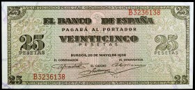 1938. Burgos. 25 pesetas. (Ed. D31a) (Ed. 430a). 20 de mayo. Serie B. Ligero doblez. EBC+.