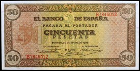 1938. Burgos. 50 pesetas. (Ed. D32a) (Ed. 431a). 20 de mayo. Serie B. Leve doblez. EBC.