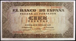 1938. Burgos. 100 pesetas. (Ed. D33a) (Ed. 432a). 20 de mayo. Serie D. Algo descentrado. S/C-.