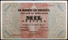 1938. Burgos. 1000 pesetas. (Ed. D35) (Ed. 434). 20 de mayo. Serie A. Doblez central. Raro. BC+.