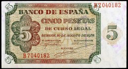 1938. Burgos. 5 pesetas. (Ed. D36a) (Ed. 435a). 10 de agosto. Serie B. Leves dobleces. Con apresto. EBC-.