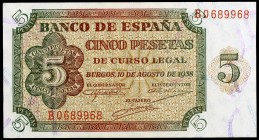 1938. Burgos. 5 pesetas. (Ed. D36a) (Ed. 435a). 10 de agosto. Serie B. Esquinas rozadas. S/C-.