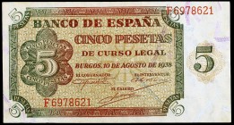 1938. Burgos. 5 pesetas. (Ed. D36a) (Ed. 435a). 10 de agosto. Serie F. Ondulaciones del papel. S/C-.