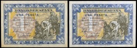1940. 1 peseta. (Ed. D42a) (Ed. 441a). 1 de junio, Hernán Cortés. 2 billetes, serie D. Esquinas rozadas. S/C-.