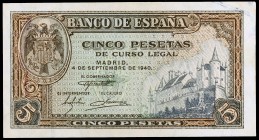 1940. 5 pesetas. (Ed. D44a) (Ed. 443a). 4 de septiembre, Alcázar de Segovia. Serie L. Leve doblez. EBC-.