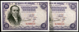 1946. 25 pesetas. (Ed. D51) (Ed. 450). 19 de febrero, Flórez Estrada. Pareja correlativa, sin serie. Leve doblez. Raros así. EBC+.