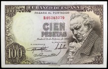 1946. 100 pesetas. (Ed. D52a) (Ed. 451b). 19 de febrero, Goya. Serie B. Leve doblez. Esquinas rozadas. Con apresto. EBC-.