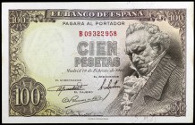 1946. 100 pesetas. (Ed. D52a) (Ed. 451b). 19 de febrero, Goya. Serie B, última emitida. Esquinas rozadas. S/C-.