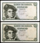 1948. 5 pesetas. (Ed. D56a) (Ed. 455a). 5 de marzo, Elcano. Pareja correlativa, serie B. Esquinas rozadas. S/C-.