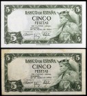 1954. 5 pesetas. (Ed. D67a) (Ed. 466a). 22 de julio, Alfonso X. 2 billetes, series R y V. MBC/S/C-.