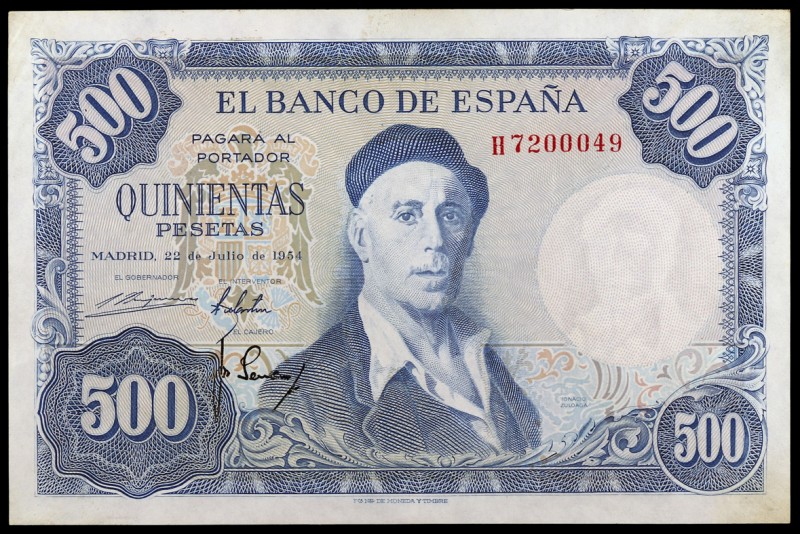 1954. 500 pesetas. (Ed. D69b) (Ed. 468b). 22 de julio, Zuloaga. Serie H. Una esq...