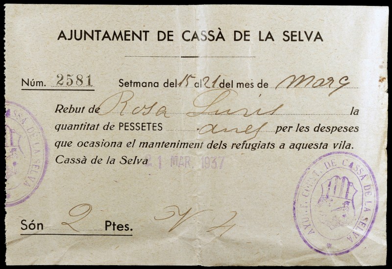 Cassà de la Selva. 2 pesetas. 21 de marzo. Rebut de Rosa Surís per les "despeses...