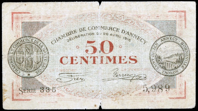 1916. Francia. Annecy. Cámara de Comercio. 50 céntimos. (Pirot 10-7). Deliberaci...