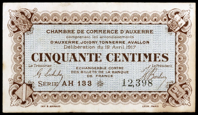 Francia. Auxerre. Cámara de Comercio. 50 céntimos. (Pirot 17-14). Deliberación 1...