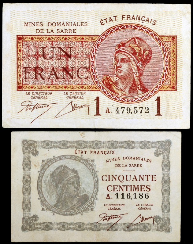 1920. Francia. Nines Domaniales de la Sarre. 50 céntimos y 1 franco. 2 billetes....