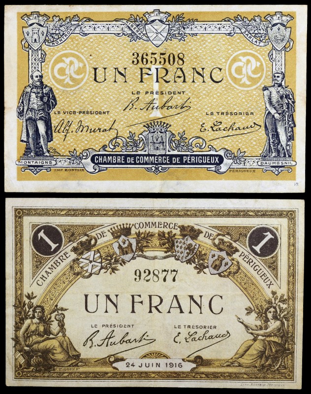 1916 y 1917. Francia. Perigueux. Cámara de Comercio. 1 franco (dos). (Pirot 98-1...