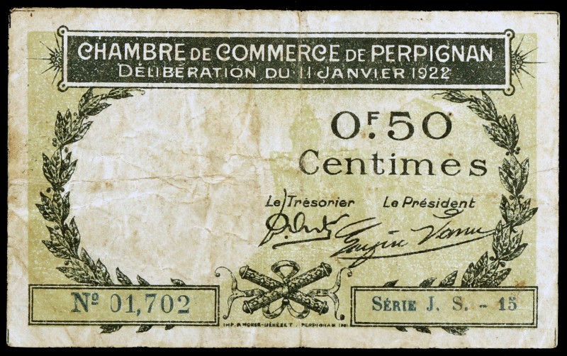 Francia. Perpignan. Cámara de Comercio. 50 céntimos. (Pirot 100-33). Deliberació...