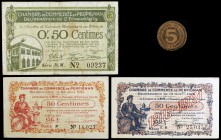 1915 a 1920. Francia. Perpignan. 5 y 50 céntimos (tres). (Pirot 100-5, 100-19, 100-25 y falta). 3 billetes de la Cámara de Comercio con 3 fechas de em...