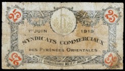 1919. Francia. Pirineos Orientales. Sindicato de Comerciantes. 25 céntimos. 1 de junio. Numerado. Sin firmas. BC.