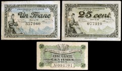 Francia. Puy. Cámara de Comercio. 25, 50 céntimos y 1 franco. (Pirot 70-5, 70-7 y 70-9). Deliberación 10 octubre 1916. Numeración de 6 dígitos. Series...