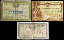 1915 (dos) y 1916. Francia. Remiremant. 50 céntimos (dos) y 1 franco. 3 billetes. Deliberación 23 septiembre 1915 y 7 octubre 1916. Numerados. Series ...