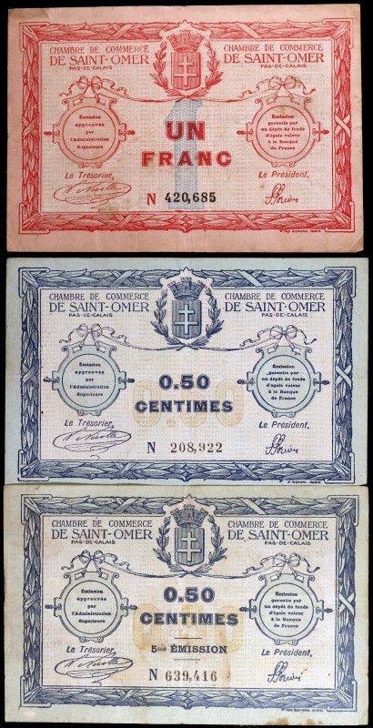 1914. Francia. Saint-Omer. Cámara de Comercio. 50 céntimos (dos) y 1 franco. (Pi...