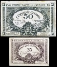 1920. Mónaco. 25 y 50 céntimos. (Pick. 2a y 3a). 2 billetes. Los 25 céntimos sin sello en seco y los 50 céntimos, serie D. Raros. MBC-.