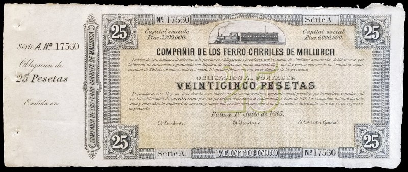 1885. Compañía de los Ferrocarriles de Mallorca. Obligación de 25 pesetas. Palma...