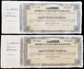 1885. Compañía de los Ferrocarriles de Mallorca. Obligación de 25 pesetas. 1 de julio. Pareja correlativa, serie A. Sin firmas y con matriz. EBC.