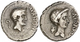 (43 a.C.). Marco Antonio y Julio César. Denario. (Spink 1464, Marco Antonio) (S. 2, Julio César y Marco Antonio) (Craw. 488/1). 3,30 g. Contramarcas e...