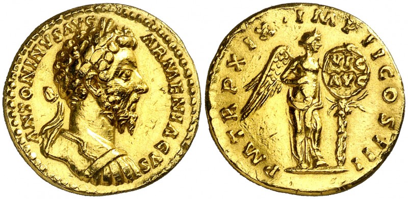 (165 d.C.). Marco Aurelio. Áureo. (Spink 4864) (Co. 475 var) (RIC. 128) (Calicó ...