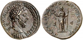 (178 d.C.). Marco Aurelio. Sestercio. (Spink 4970 var) (Co. 185 var) (RIC. 1237 var). 20,35 g. MBC+.