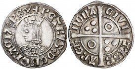 Pere III (1336-1387). Barcelona. Croat. (Cru.V.S. 401.1) (Cru.C.G. 2220a). 3,18 g. Flores de cinco pétalos en el vestido. Letras A y V latinas. Leves ...
