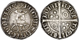 Pere III (1336-1387). Barcelona. Croat. (Cru.V.S. 407.1) (Cru.C.G. 2224c). 3,23 g. Flores de seis pétalos y cruz en el vestido. Letras T gótica en anv...