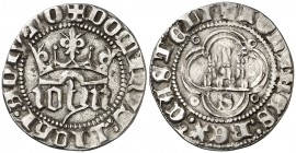 Juan I (1379-1390). Sevilla. Medio real. (AB. 542). 1,53 g. Ex Áureo 05/03/1997, nº 244. Escasa. MBC+.