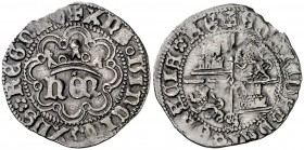 Enrique IV (1454-1474). Sevilla. Medio real. (AB. 726). 1,53 g. Ligera doblez. Pátina oscura. Rara. (MBC).