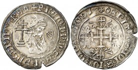 Maestros de la Orden Hospitalaria. Ramon Berenguer (1365-1374), Catalán. Rodes. Guillat. (Cru.CO. 4). 3,79 g. Ligera grieta. Preciosa pátina. Escasa. ...