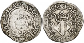 s/d. Carlos I. València. 2 rals (dobló de 3 sous). (AC. 92) (Cru.C.G. 4150e var). 4,97 g. Marcas: corona en anverso y escudito con león en reverso. BC...