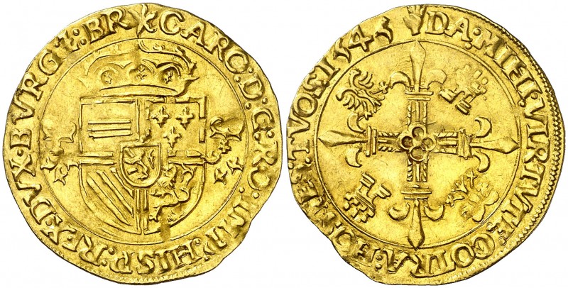 1545. Carlos I. Amberes. 1 corona del sol. (Vti. 620) (Vanhoudt 223.AN). 3,40 g....