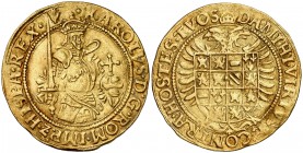 s/d. Carlos I. Amberes. 1 real de oro. (Vti. 653) (Vanhoudt 220.AN). 5,25 g. Ex Colección Caballero de las Yndias 03/06/2009, nº 864. MBC+.