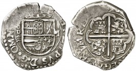 1598. Felipe II. Valladolid. D. 1 real. (AC. 306, mismo ejemplar). 3,43 g. Tipo "OMNIVM". Fecha en reverso. Gráfila circular en reverso. Rara. MBC.