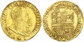 s/d. Felipe II. Brujas. 1/2 real de oro. (Vti. 1390) (Vanhoudt 263.BG). 3,44 g. MBC+.