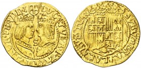 Reyes Católicos. Zwole. 1 ducado. (Vti. 8) (Delmonte 1130 var). 3,39 g. Acuñada bajo Felipe II. MBC+.