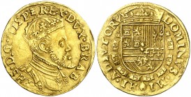 s/d. Felipe II. Amberes. 1 real de oro. (Vti. 1464) (Vanhoudt 293, mismo ejemplar). 5,32 g. Alabeada. Atractiva. EBC-.