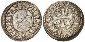 1611. Felipe III. Barcelona. 1/2 croat. (AC. 374) (Badia 101 var) (Cru.C.G. 4342). 1,84 g. Bella. Brillo original. Ex Áureo & Calicó Selección 2018, n...