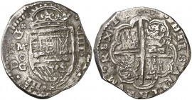 16(20). Felipe III. Madrid. . 4 reales. (AC. 739). 11,56 g. Visible el ordinal del rey. Ligera doble acuñación en reverso. Bonita pátina. Ex Colección...